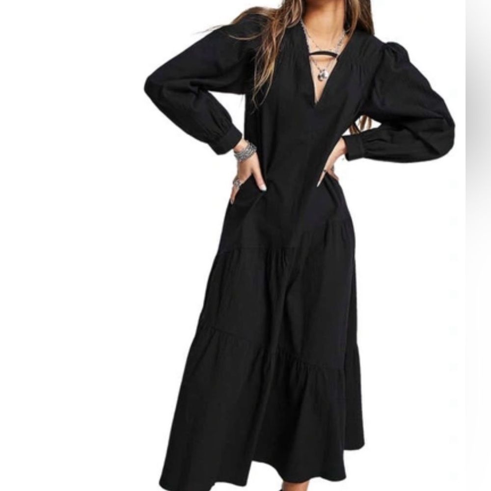 Topshop Textured Dress in Black Lagenlook arty oversized Size 6